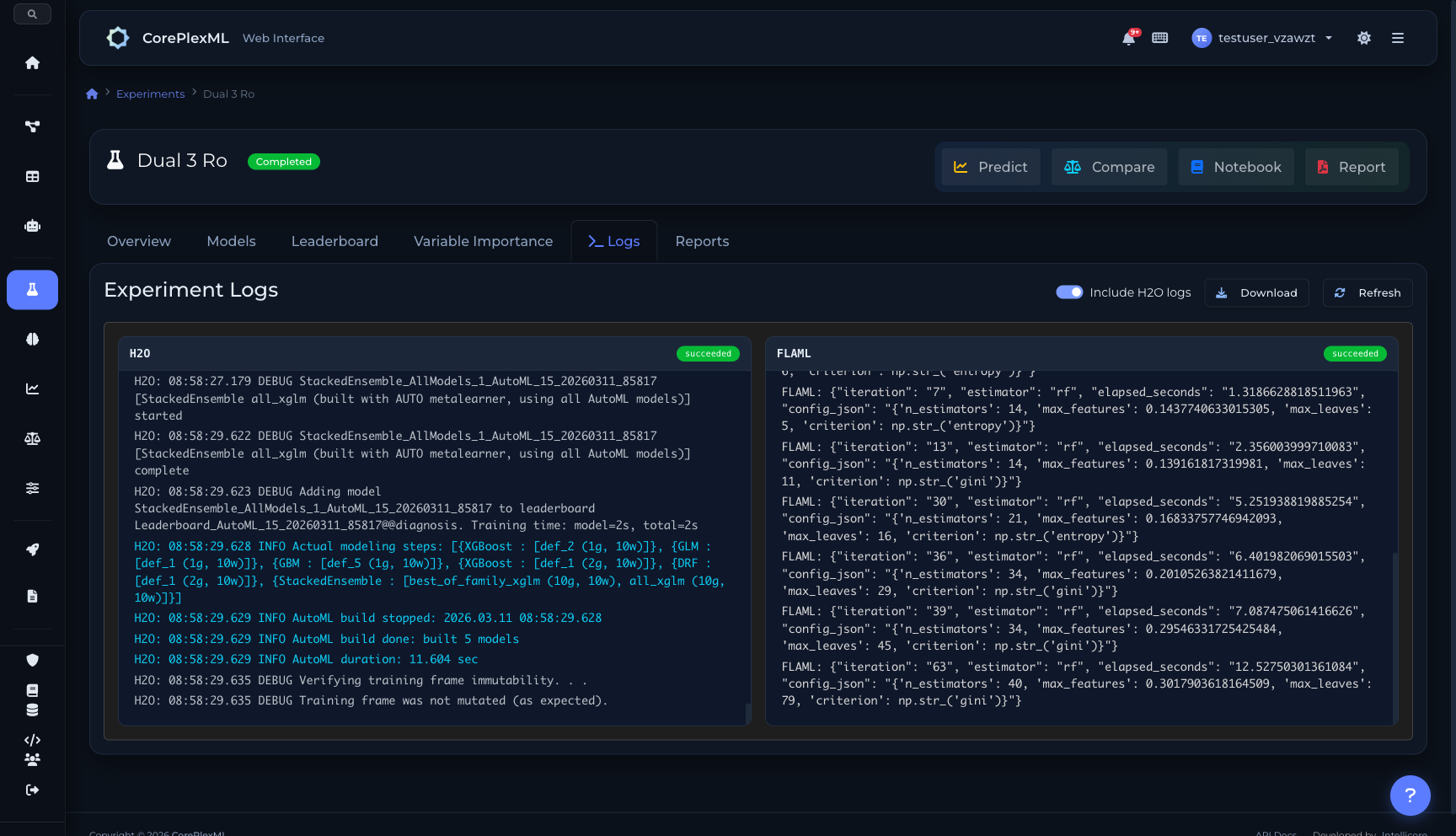 Dual engine experiment logs showing H2O and FLAML running in parallel with real-time output side by side