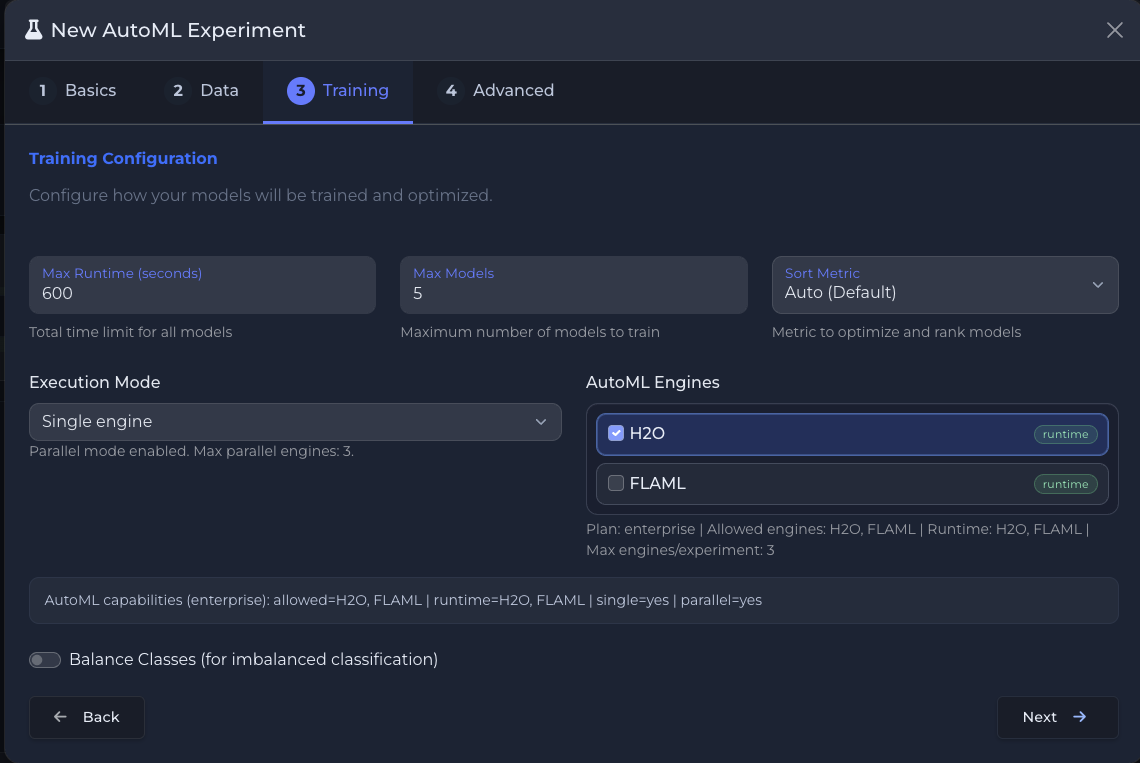 Multi-engine AutoML training configuration with H2O and FLAML engine selection, execution mode, and plan-based capabilities