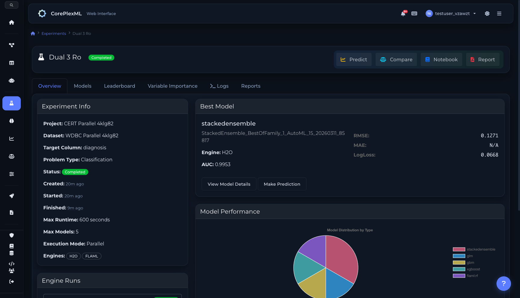 Parallel multi-engine experiment with H2O and FLAML running simultaneously, showing engine runs and best model results