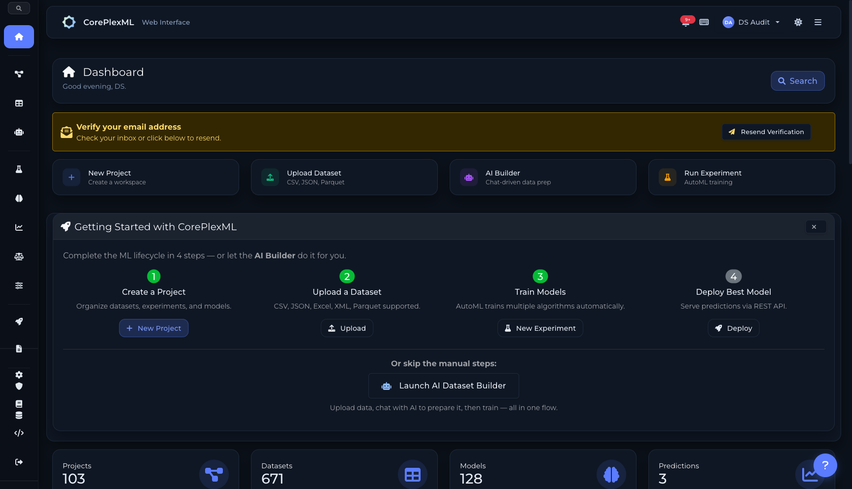 CorePlexML Dashboard — projects, experiments, and model overview