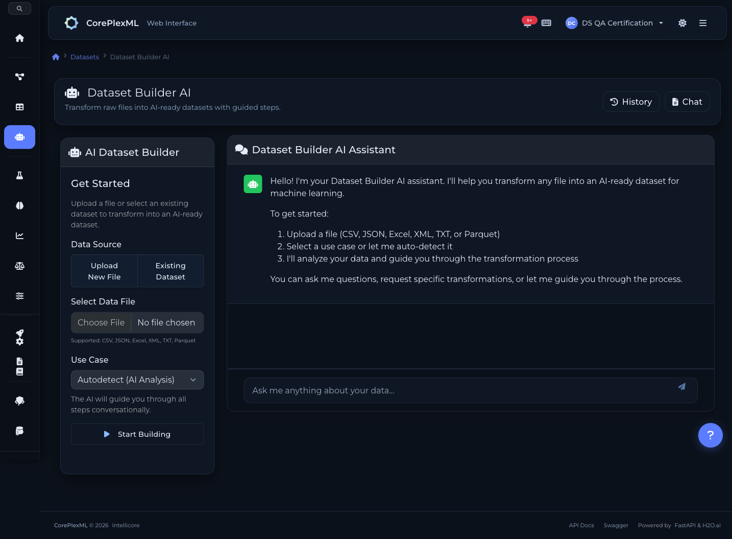 Dataset Builder AI conversational interface with data preparation assistant