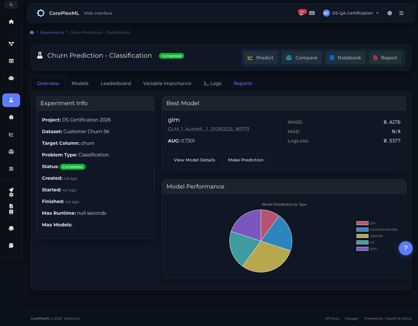 AutoML experiment leaderboard with model comparison and metrics