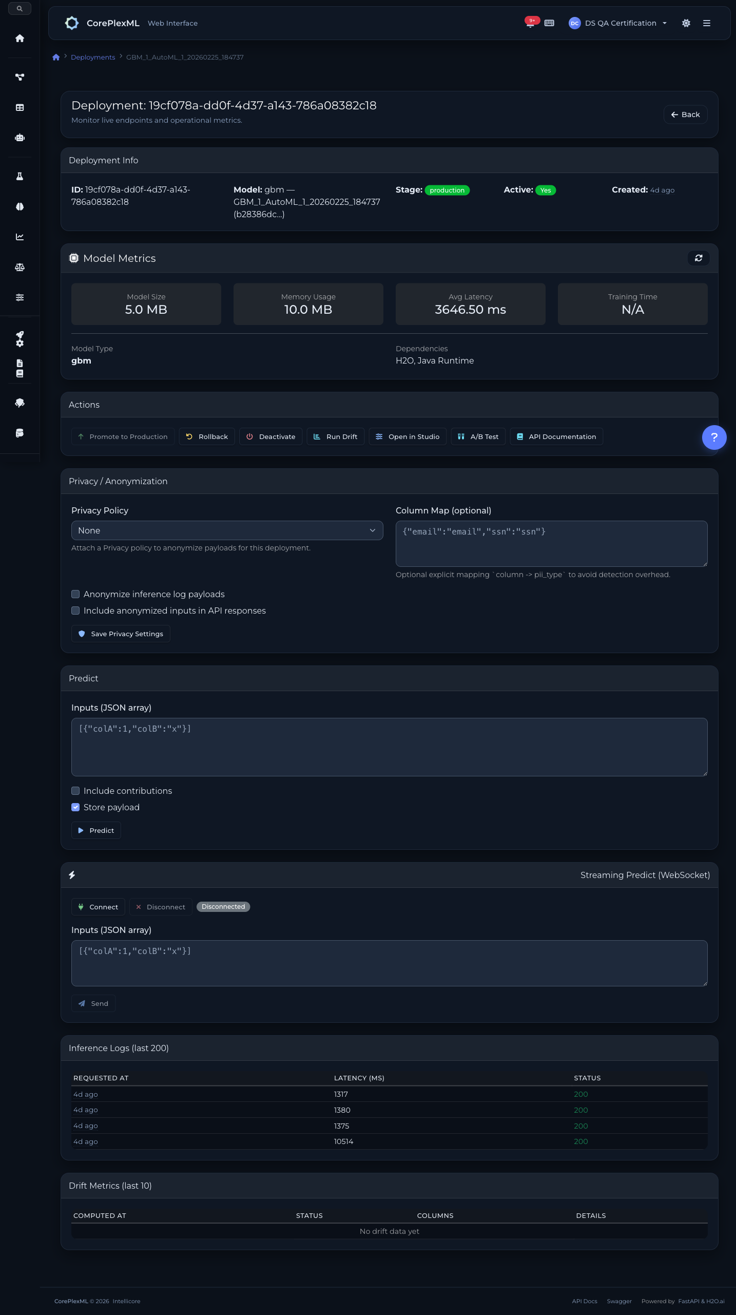 MLOps deployment detail with metrics, inference logs, and drift monitoring