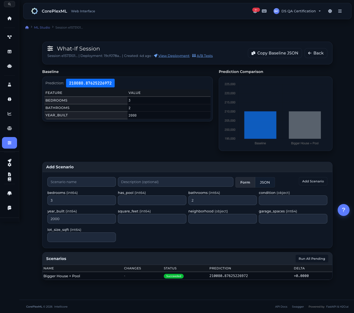 What-If Studio scenario comparison with baseline predictions